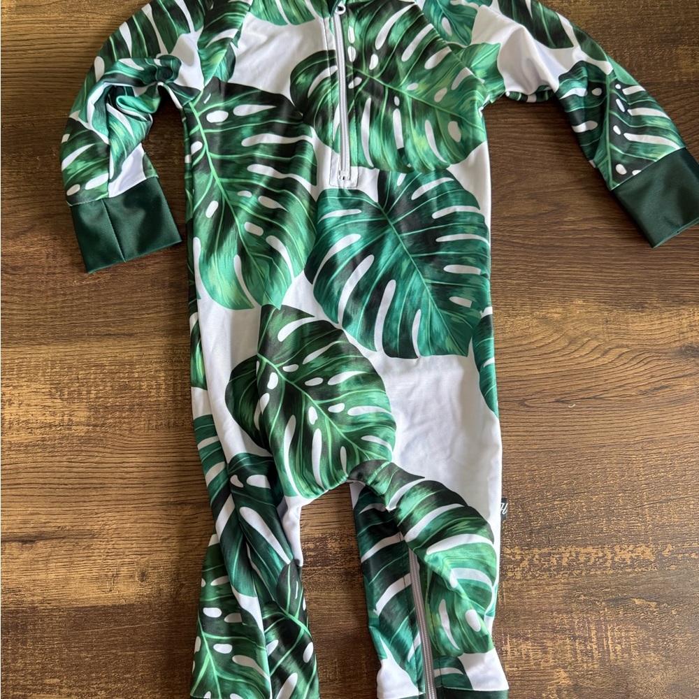 Green and White Tropical Leaf One Piece Swimwear